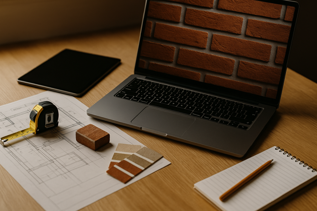 Schreibtisch mit Laptop und Bauplänen – persönliche Beratung und Service vom Fugenbetrieb Sundarp in Eschweiler.
