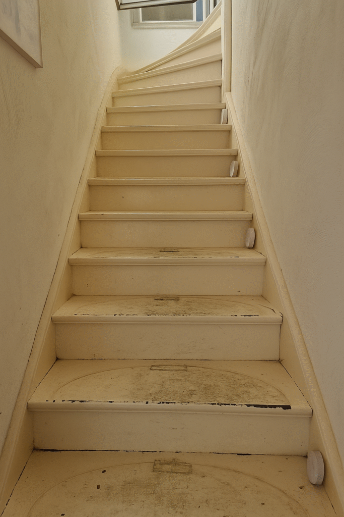 Abgenutzte, lackierte Holztreppe mit verschmutzten Stufen – Vorherbild einer Holzaufarbeitung durch den Fugenbetrieb Sundarp in Eschweiler.
