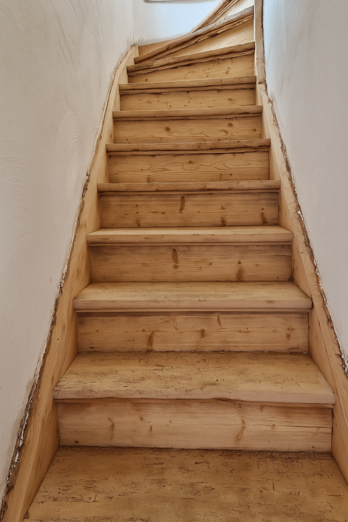 Natürlich aufgearbeitete Holztreppe nach Sandstrahlen – Nachherbild einer Holzsanierung durch den Fugenbetrieb Sundarp aus Eschweiler.
